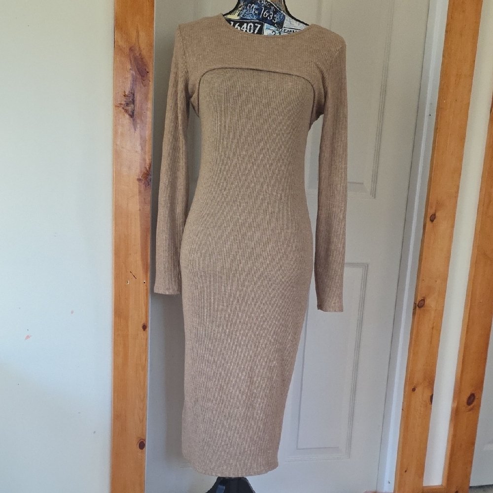 😍 Womens (L) Wild Fable Tan Long Sleeve Knit Dress- 2 piece Cute!